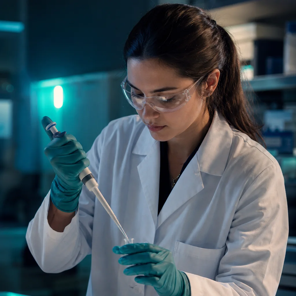 Conceptual image of a laboratory researcher using a pipette at a biotechnology workbench
